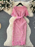 Runhufu France Senior Vintage Dress Women Square Collar Short Sleeves Belt Pockets Embroidery High Quality Elegant Party Dress