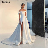 Runhufu Simple A Line Satin Bride Wedding Dresses Strapless High Split Bridal Dress Women Formal Special Party Bridal Gowns