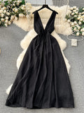 Runhufu French Gentle Holiday Long Dress Summer Deep V-Neck Bandage A-Line Design Female Solid Sleeveless Party Sexy Sundress