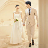 Runhufu Square Collar Vestido De Noiva Fashion Sweet Bow Spaghetti Straps Wedding Dress Satin Simple Long Suknia Slubna