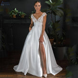 Runhufu Satin Wedding Dresses Elegant Applique 3D Flroal Cap Sleeves Bridal Gowns Backless Side Slit Vestido De Novia For Bride