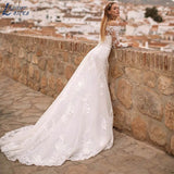 Runhufu NICEB Boat Neck Appliques Wedding Dress For Women Buttons Lace Vestidos De Noiva Mariage Boho Long Sleeves Bridal Gown