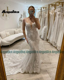 Runhufu Fancy Sleeveless Wedding Dresses for Bride Trumpet Lace Appliques Tulle Suaqre Collar Detachable Train Custom Made