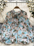 Runhufu Korean Print Chiffon Shirt Bow Neck Long Sleeves Loose Leopard Top Casual Paisley Vintage Floral Blouse Spring 2024