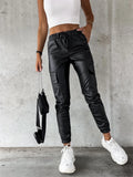 Runhufu PU Leather Casual Pencil Pants Women Autumn Winter Fashion Streetwear High Waist Drawstring Long Trousers with Pocket