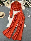 Runhufu Spring Fashion OL Two Pieces Suits Lapel Neck Blouse+Pocket Wide Leg Long Pant 2024 Women Streetwear Retro Casual Sets