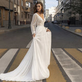 Runhufu Chiffon Wedding Dresses V-Neck Long Sleeves A-line Wedding Bride Dress Lace Applique Dress For Wome 2024 Vestidos De Novia