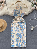 Runhufu Senior Pearl Halter Ladies Dress Off Shoulder Elastic Waist Bodycon Dress 2024 Female Print Sexy Slit Long Dress