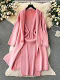Runhufu Autumn Thick Warm Knitted Suits 2024 Strap Knit Dress+Loose Long Cardigans Sweater Home Wear Casual Two Pieces Sets