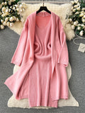 Runhufu Autumn Thick Warm Knitted Suits 2024 Strap Knit Dress+Loose Long Cardigans Sweater Home Wear Casual Two Pieces Sets