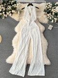 Runhufu American Halter Long Jumpsuits Fashion Lady Deep V Neck Sleeveless Backless High Waist Casual Vacation Sexy Rompers