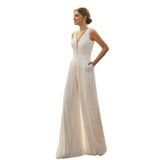 Runhufu White Two Pieces Wedding Dresses V Neckline Pants Suit Bridal Gowns Half Sleeve Bride Dress Beach 2024 Jumpsuit Boho