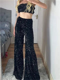 Runhufu Shiny Sequins Wide Leg Pants for Women Fashion Elastic High Waist Long Trousers Party Casual Streetwear Bottoms