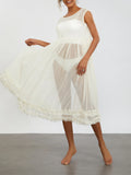 Runhufu See-Through Back Tie-up Sheer Mesh Cover-ups Dress Sexy Women's Sleeveless Round Neck Lace Frilly Hem A-Line Beach Dress