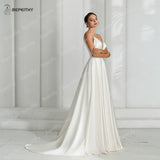 Runhufu Simple Satin Ivory V Neck Wedding Dresses For Women Party Sleeveless Sexy Backless A Line Bride White Bridal Gown Vesti