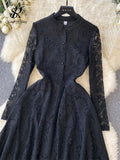 Runhufu Autumn Elegant French Long Dress 2024 Stand Collar Long Sleeves Button Design Hotsweet Lace Party Dress