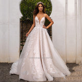 Runhufu V-Neck A-Line Wedding Dresses Spaghetti Straps Lace Appliques Princess Floor Length Bridal Gowns