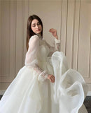 Runhufu High Collar Elegant A Line Wedding Dress Lace Puff Long Sleeves High Neck Korea Wedding Bridal Gowns Robe de mariage