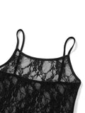 Runhufu Spaghetti Strap See Through Midi Dress Women Black Sexy Sheer Mesh Lace Floral Dresses Chic Y2K Beach Outfits Vestidos
