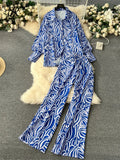 Runhufu Women Fashion Printed Suits 2024 Turn-down Collar Loose Blouse+Elastic Wide Leg Long Pants Casual Two Pieces Sets