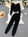 Runhufu Winter Casual Knitted Two Pieces Suits V Neck Long Sleeve Sweater+ Elastic Casual Long Pants Sets Women Sweater Sets