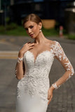 Runhufu Sleeve Mermaid Wedding Dress Beach V-Neck Lace Appliques Sweep Train Button Bridal Gowns Customize To Measures Civil Sweep