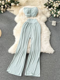 Runhufu Korean Style Hotsweet Sets Sexy Strapless Short Tops+Basics High Waist Split Wide Leg Pants Fashion Casual Beach Suits
