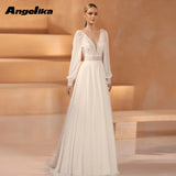 Runhufu Bohemian Chiffon Wedding Dresses for Women A Line Deep V Neck Appliques Button Chapel Train Bridal Gowns Robe De Mariee