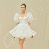 Runhufu Princess Wedding Dresses Tulle Short Mini Bridal Ball Gowns Puff Sleeves A-Line Ruffle Bride Robes Vestidos De Novia