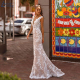 Runhufu NICEB V-Neck Mermaid Wedding Dress Appliques Lace Floral Wedding Gowns For Bride Backless Sexy Strapless Vestido De Novia