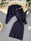 Runhufu Autumn Knitted Dress Suits Women O Neck Long Sleeves Short Pullover+Strap Elastic Dress Korean Sweater Two Pieces Sets