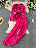 Runhufu Fashion Sweater Two Pieces Sets Ladies Long Sleeve Knit Cardigan+Wide Leg Long Pant Sets Women OL Loose Knitted Suits