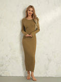 Runhufu Women's Knit Ribbed Long Dress Spring Fall Solid Color Long Sleeve O Neck Wrapped Pencil Dress Casual Streetwear Outfit