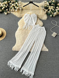 Runhufu Summer Knitted Beach Two Pieces Sets Women Halter Backless Camis+Wide Legs Long Pants Tassel Hollow Out Bohe Suits