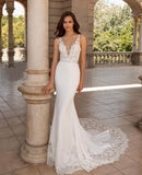 Runhufu Appliques Deep V-Neck Mermaid Wedding Dresses Sleeveless Backless With Long Train 2023 Elegant Bride Gown For Women