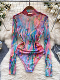 Runhufu American Retro Tie Dye Print Playsuits Stand Collar Long Sleeves Slim Artistic Top Open Crotch Mesh Sexy Bodysuits