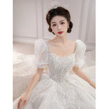 runhufu New Luxury Wedding Dresses Short Puff Sleeve Bridal Embroidered Organza And Tulle Sweetheart Heart Lace Wedding Gowns