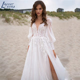 Runhufu NICEB Beach Tulle Wedding Dress For Women V-Neck Lace Appliques High Side Split Sweep Trains Custom Made Vestido De Noiva