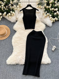 Runhufu 2024 Retro Knitted Two Pieces Sets Sleeveless Short Top+High Waist Slim Long Skirts Female Summer Hotsweet Suits