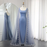 Runhufu Said Luxury Blue Mermaid Dubai Evening Dresses with Cape Sleeves Sage Green Elegant Arabic Women Wedding Party GownsSS445