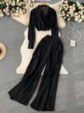 Runhufu Spring Fashion OL Two Pieces Suits Lapel Neck Blouse+Pocket Wide Leg Long Pant 2024 Women Streetwear Retro Casual Sets
