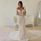 Runhufu Lace Wedding Dress Mermaid Illusion Corset Vestido De Noiva Long Sleeve Sheer Off Shoulder Appliqu¨¦ Bridal Dress 2024 Robe