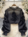 Runhufu High Quality Organza Women Blouse 2024 Ruffles Neck Long Sleeves Loose Sweet Top Korean Style 3D Floral Sheer Shirt