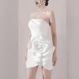 Runhufu Short Wedding Dresses With Big Flower Sexy Strapless Sleeveless Birthday Party Dress Fashion Simple Satin Suknia Slubna
