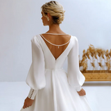 Runhufu V-Neck Wedding Dress Long Sleeve A-Line Pleats Pears Simple Chiffom Bride Gown Backless Zipper Train Vestido De Novia