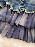 Runhufu Fashion Sexy Mini Skirt Women Chiffon Ruffled Edge Patchwork Denim Skirts American Vintage A Line Hotsweet Skirt