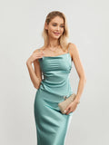 Runhufu Elegant Spaghetti Straps Satin Long Dress Solid Color Sleeveless Cowl Neck Wrap Party Dress Summer Backless Cami Dress