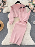 Runhufu Winter Beading Knitted Suits Women Loose Long Sleeve Beading Pullover+ Midi Dress Fashion Warm Sweater Two Piece Sets