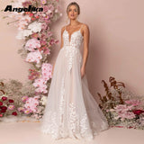 Runhufu Pastrol Wedding Dress for Women Bride Spaghetti Strap A-Line Appliques Open Back Tulle Sweep Train Vestido De Novia