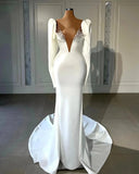 Runhufu White Satin Wedding Dress Pearls Beads V-Neck Long Sleeves Mermaid Vestidos Femenino Slim Bridal Gown Formal Party Dress